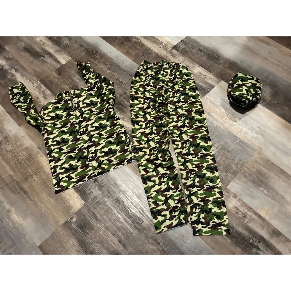 Kids Camouflage Military Costume Set 3-Piece Top Pants Hat Green Camo Large